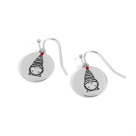 Holiday Christmas Silver Dangle Disc Gnome Earrings - Picture 1 of 1